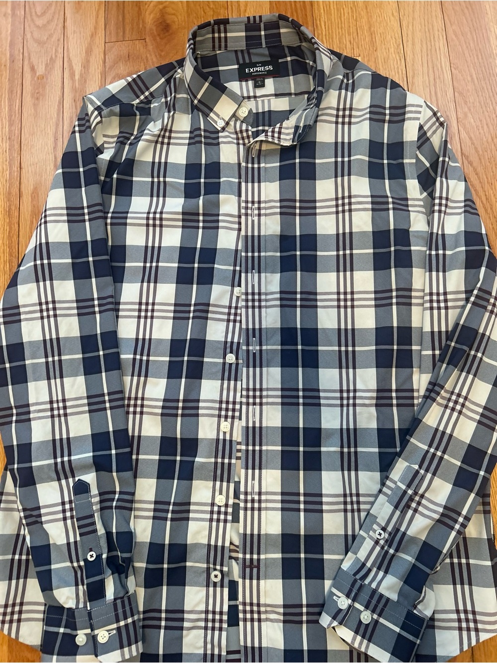 Express Men’s Navy, White, and Gray Plaid Button-Down Shirt